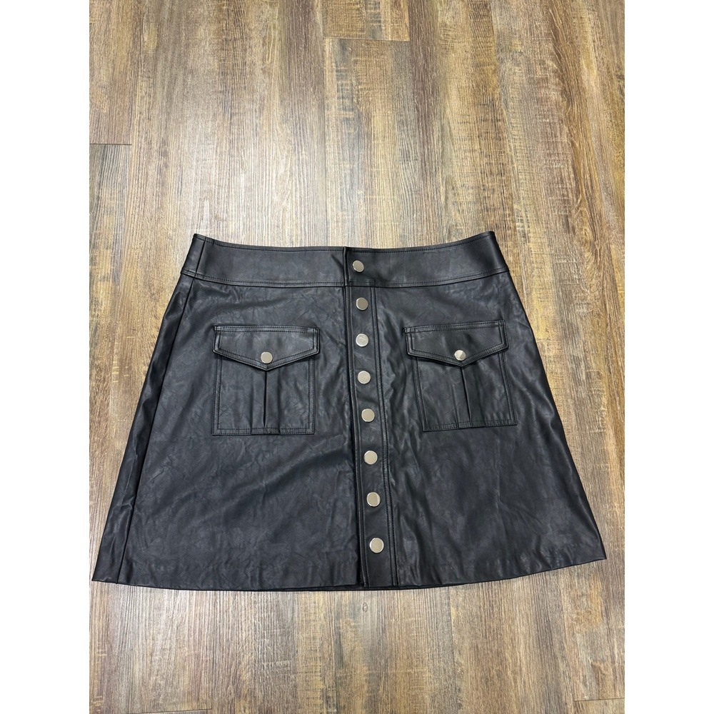 INC International Concepts Black Faux Leather Button Front Mini Skirt Size 16